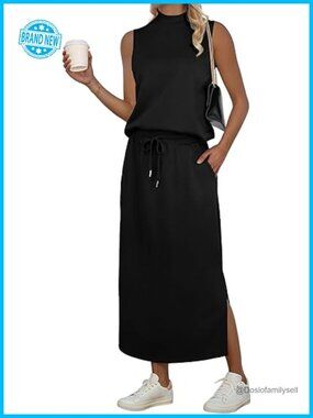Two Piece Skirt Set Sleeveless Mock Neck Top Split Maxi Skirt with Pockets